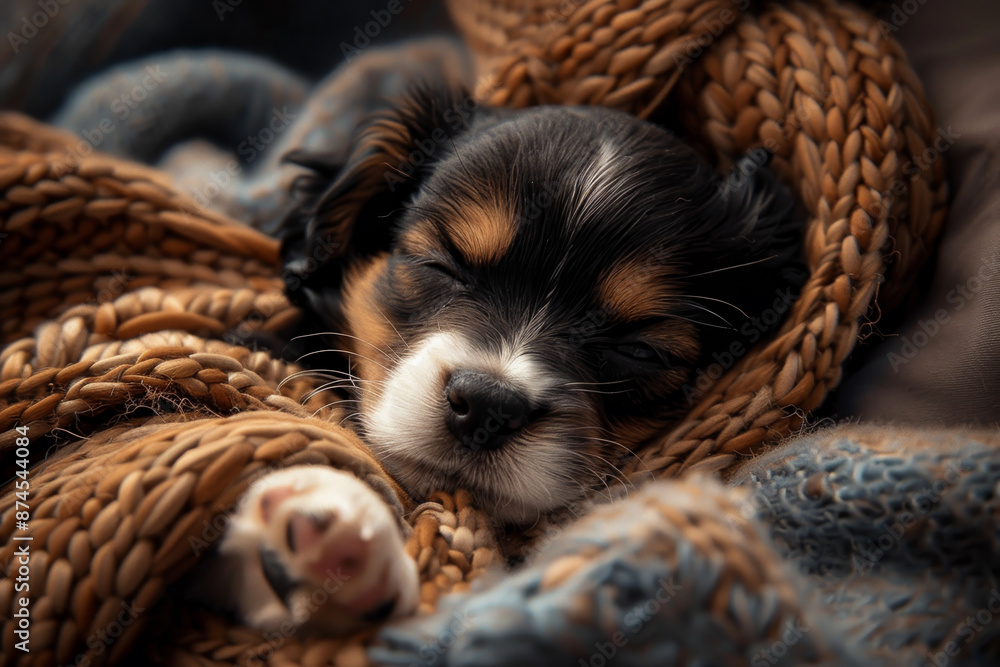 Wall mural A small dog is sleeping in a blanket