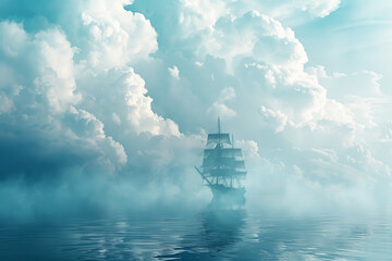 Fototapeta premium A large ship sails through a foggy sea