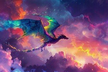 Obraz premium An ethereal dragon soars gracefully through a vibrantly colored sky, bathed in shades of purple, blue, orange, and pink with sparkling stars scattered across the background