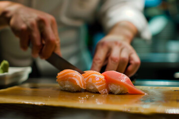 A chef is cutting up a sushi roll on a wooden cutting board