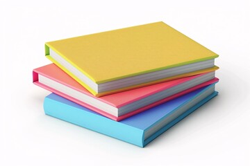 3D stack of colorful notebooks with yellow, pink, and blue covers on a white background.