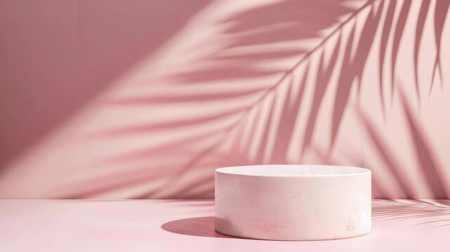 Empty stage cylinder podium on soft pastel pink background with soft light on minimal background, sunlight shadows in the form of palm leaf, pedestal for cosmetic product and packaging
