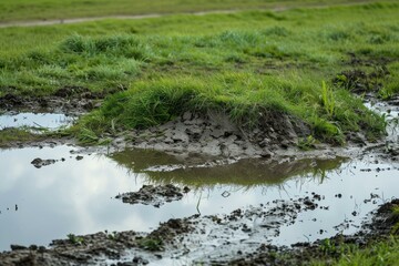 Obraz premium Patches of green grass cover the muddy terrain. Several puddles of water reflect the cloudy sky, suggesting a recent rainfall.