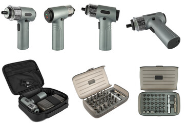 electric screwdriver with bit set, insulated on white background