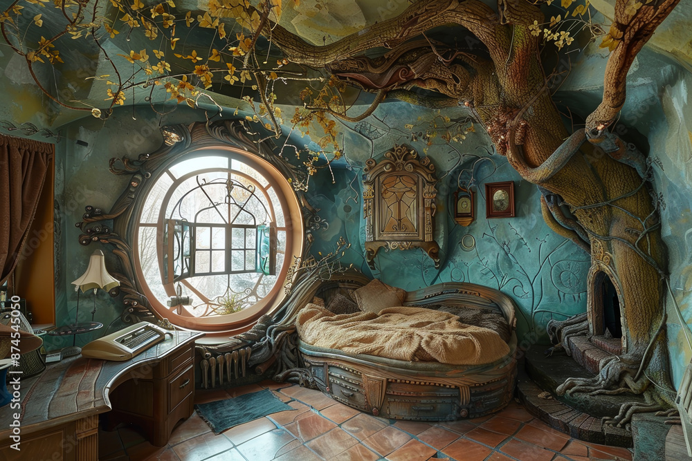 Poster a bedroom with a tree trunk as a headboard and a window with a view of the tree