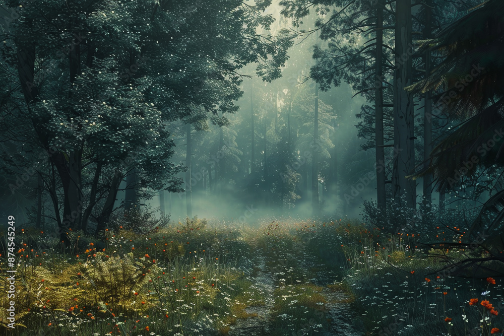 Poster a forest with a foggy mist and a path through it