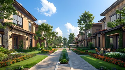  Visualize the key aspects of a vibrant Community Housing project, including shared amenities, green spaces, and affordable living options