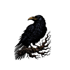 Obraz premium Vector Raven with a Long Tail perched on a branch.