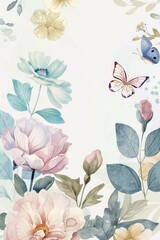Delicate hand-painted flowers in pastel hues are accompanied by two butterflies, creating an elegant and serene composition against a soft background.