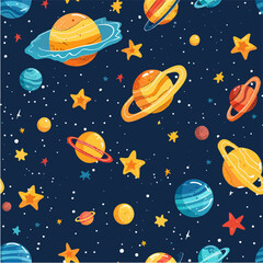 Cosmic seamless pattern of stars and colorful planets on a dark background