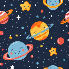 Cosmic seamless pattern of stars and colorful planets on a dark background