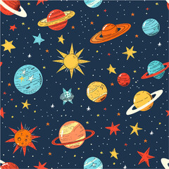 Cosmic seamless pattern of stars and colorful planets on a dark background