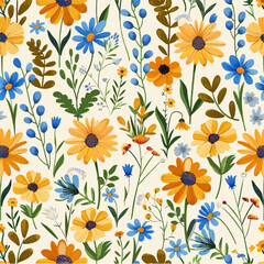 Seamless pattern of wild meadow flowers red and yellow with stems and leaves on a white background