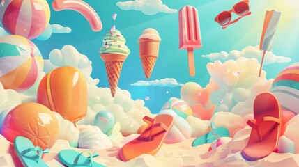 Summer illustration with floating ice creams, flip-flops, beach balls, and sunglasses, all arranged in a dreamy, surreal composition against a sunny backdrop.