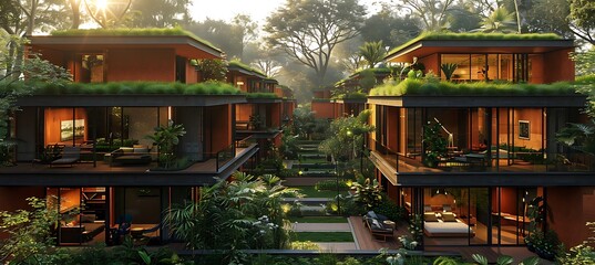 Obraz premium Visualize the layout and features of a sustainable real estate development, focusing on green building practices and eco-friendly amenities