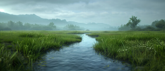 Obraz premium Serene river winding through a lush green valley with dramatic clouds, Beautiful, peaceful landscape concept