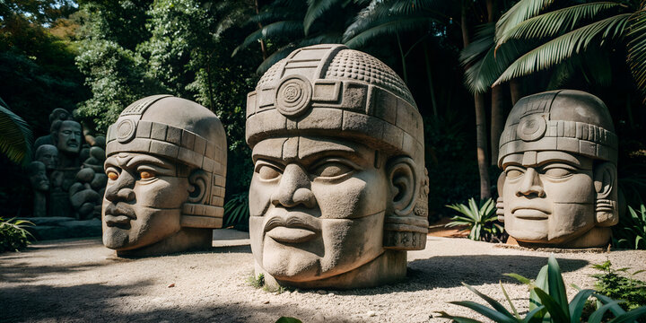 The image show stone statues depicting olmec colossal heads, likely from the Mayan civilization, set in a sandy area with tropical plants in the background.