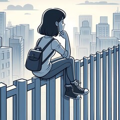 Concept 'Sitting on the Fence', a person sitting uncomfortably on a fence, looking indecisive