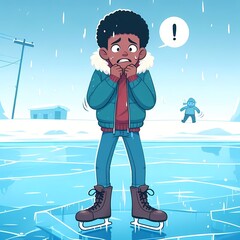 Concept 'On Thin Ice', a person nervously standing on cracking ice