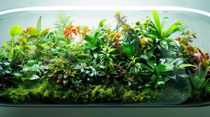 A terrarium filled with lush greenery, a variety of plants with vibrant green and red hues thriving under a bright, white light in a curved glass enclosure.