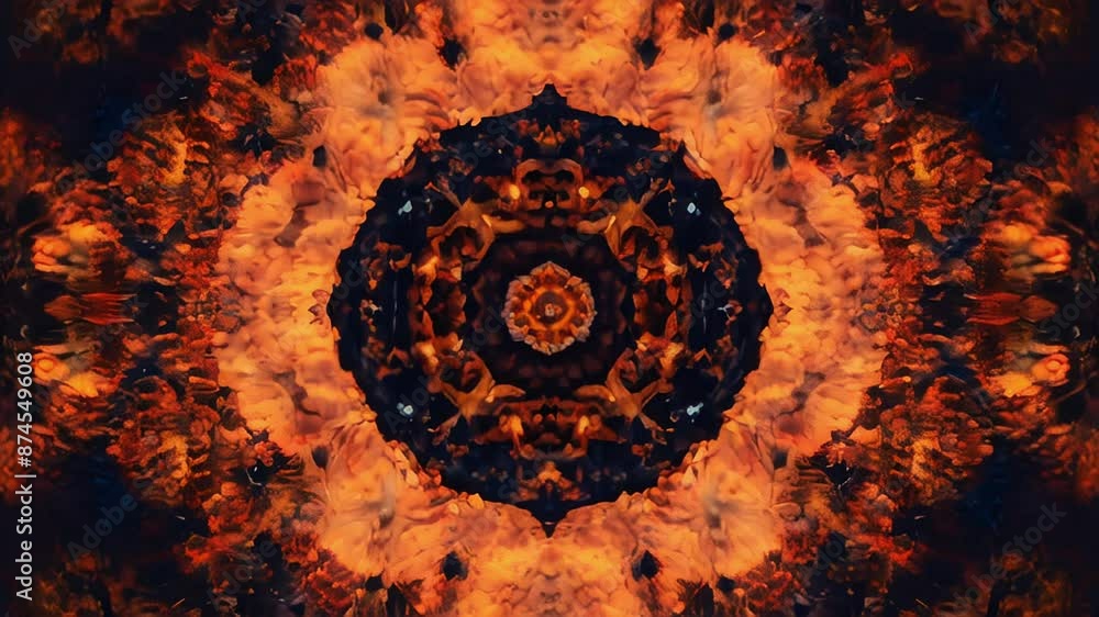Poster animation of abstract kaleidoscopic pattern of burning coal and fire, showing a symmetrical design o