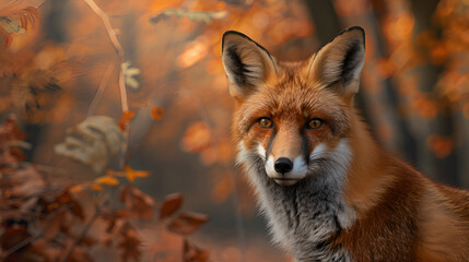 Fototapeta premium Close-up of a red fox in the autumn forest on a sunny day
