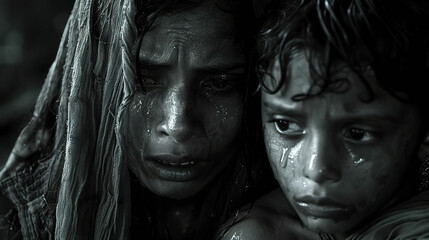 Two young children with tears streaming down their faces, look at the camera. Generated by AI.