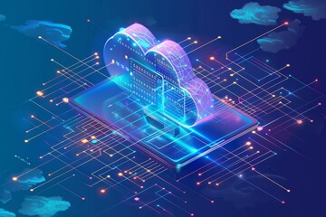 Cloud storage for downloading an isometric. A digital service or application with data transmission. Network computing technologies. Futuristic Server. Digital space. Data storage. Vector illustration