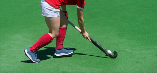 Obraz premium Field Hockey player, ready to pass the ball to a team mate. Horizontal sport theme poster, greeting cards, headers, website and app