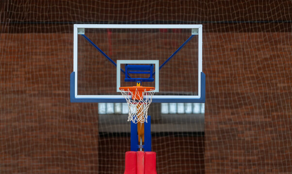 Basketball hoop on arena background. Horizontal sport theme poster, greeting cards, headers, website and app