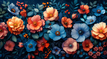 beautiful fantasy vintage wallpaper Colorful pretty disco retro vibes botanical flower bunch,vintage motif for floral print digital background 