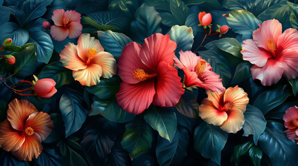 Summer beautiful fantasy vintage wallpaper all tropical botanical flowers bunch,vintage motif for floral print digital background 