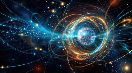 Obraz premium Vibrant digital representation of a quantum particle in a cosmic space, showcasing glowing energy waves and intricate light patterns.