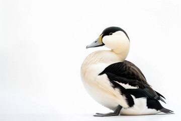 Fototapeta premium the beside view of a Common Eider, left side view, white copy space on right, dutch angle view, isolated on white background