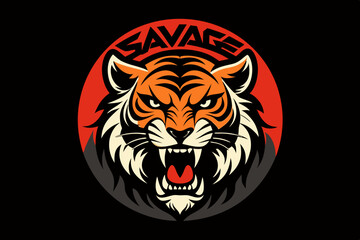 : A striking illustrative design of a savage tiger on a solid black background vector art illustration 