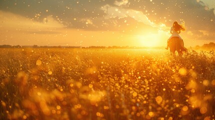 Golden sunset over a field with a person riding a horse