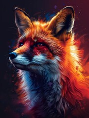 Fototapeta premium Digital Art Portrait of a Red Fox With Blue and Orange Fur