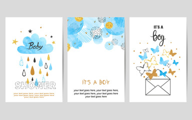 Naklejka premium Baby shower boy cards set. Vector invitation birthday party card design