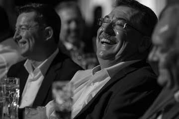 Several men in suits are seated together, laughing heartily and enjoying each other's company, creating a joyful and relaxed atmosphere.