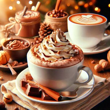 x&iacute;cara de chocolate quente com chantilly e nozes.  A x&iacute;cara &eacute; feita de cer&acirc;mica e tem esmalte branco