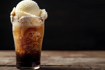 A frothy glass of root beer with a scoop of vanilla ice cream, creating a delightful float with copy space