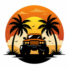 ynthase 4WD Monster Truck T-Shirt Design Vector Art with Palm Trees and Sunset