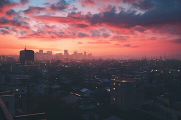 Fototapeta premium Vibrant and colorful sunset over the dense urban skyline with tranquil silhouettes of skyscrapers and residential buildings, creating a peaceful and serene atmosphere at the end of the day