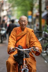 Fototapeta premium A man dressed in traditional orange robes rides a bicycle on a tree-lined street. His expression is calm, and he seems focused on his journey.