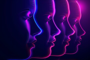 Bold and dynamic digital art of female profiles in neon pink and blue lighting with wavy lines showcasing individuality and strength