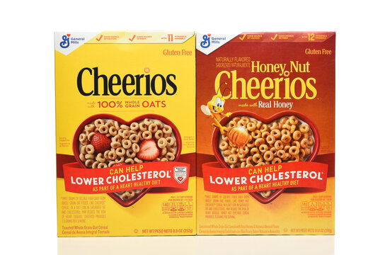 IRVINE, CALIFORNIA - 5  JULY 2024: Two Boxes of breakfast cereal, Cheerios and Honey Nut Cheerios.