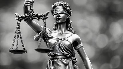 Fototapeta premium Black and white sculpture of Lady Justice holding scales, symbolizing law and legal equality with a bokeh background.