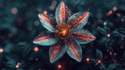 A surreal image of a starshaped flower with luminous petals radiating cosmic energy, merging the beauty of nature and the mysteries of the universe with copy space