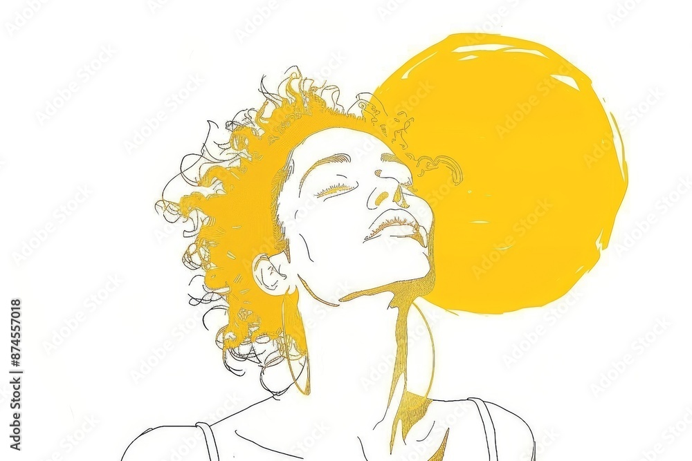 Sticker artistic and expressive line art of a woman with curly hair and a yellow sun backdrop emphasizing in