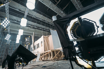 Naklejka premium Film set, monitors and modern shooting equipment. The scenery for the film